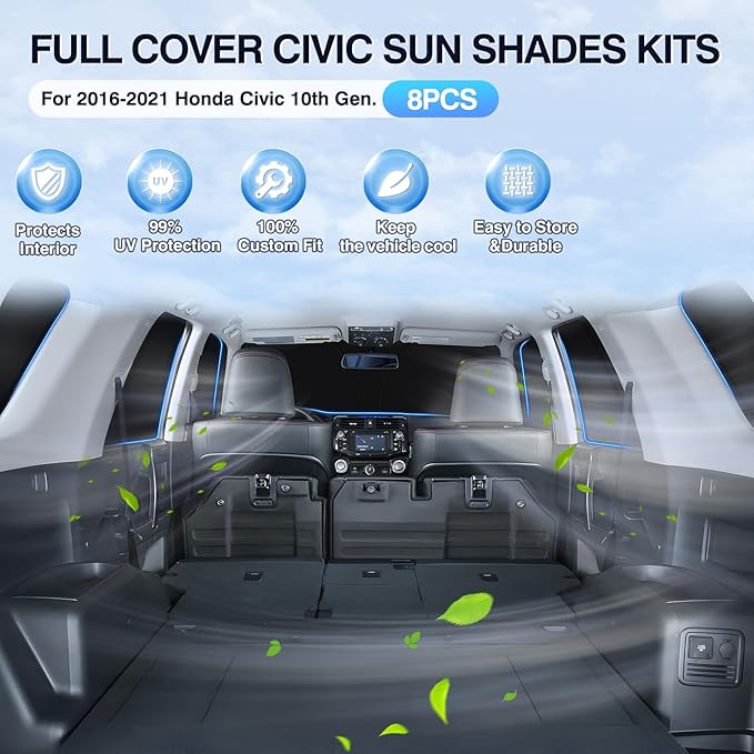 Sunsdrew 8PCS Windshield Sun Shade Kit for 2016-2021 Honda Civic 10th Gen. Full Rear&Side Window Privacy Sunshade Foldable Sun Visor Protector Blocks UV&Heat Civic Interior Accessories