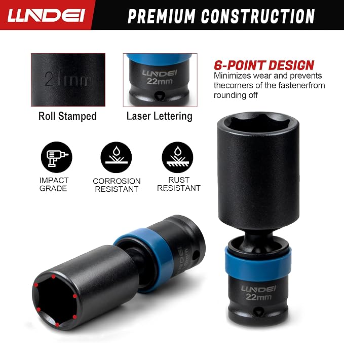 LLNDEI 3/8" Drive Swivel Socket Set, 19PCS Deep Universal Impact Socket Set, Metric(8mm-22mm) Premiun Wobble Socket Set, CR-MO Steel,3"& 6" Extension Bar