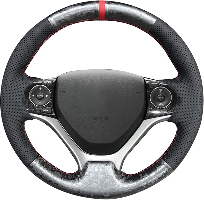 Loncky Carbon Fiber Black Genuine Leather Steering Wheel Cover for Honda Civic 9 Civic 2012 2013 2014 2015 Hand Stitched Custom Fit Car OEM Parts Interior Accessories