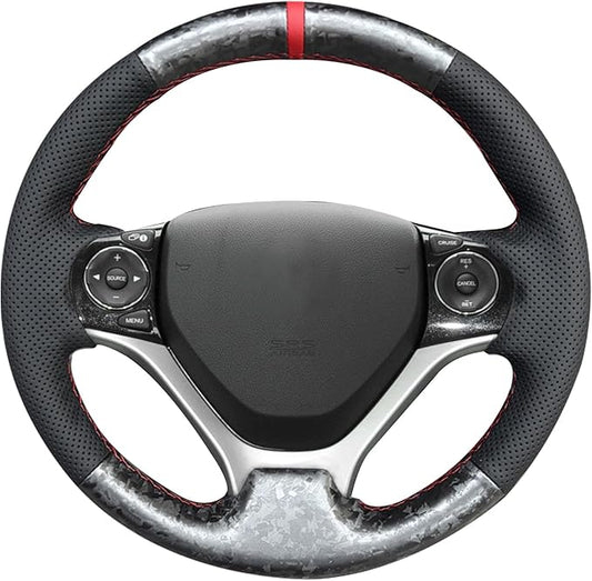 Loncky Carbon Fiber Black Genuine Leather Steering Wheel Cover for Honda Civic 9 Civic 2012 2013 2014 2015 Hand Stitched Custom Fit Car OEM Parts Interior Accessories