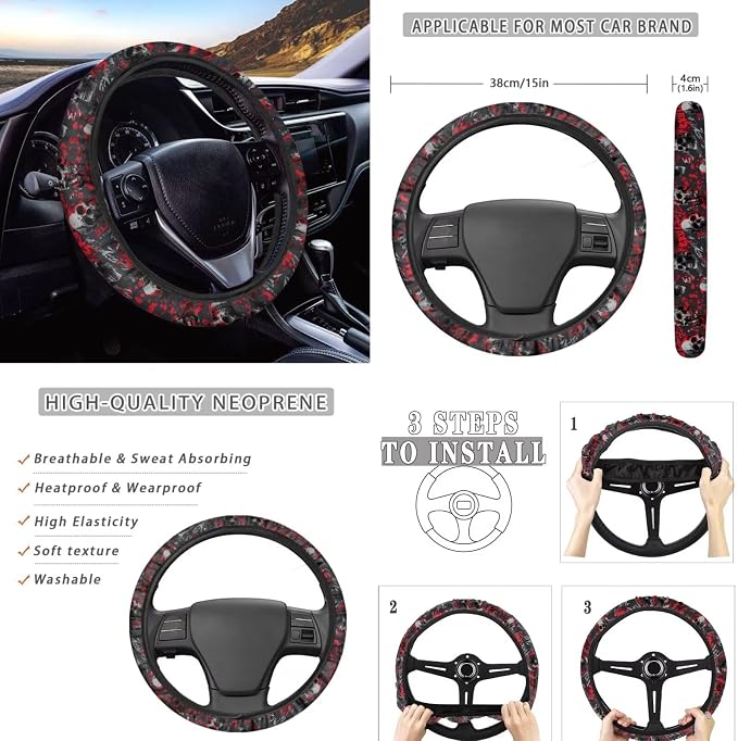 Halloween Skull Print Car Interior Accessories Set of 8, Car Seat Cover Full Set with Steering Wheel Cover, Center Console Pad, Seat Belt Pads, Universal Fit Cars SUVs Trucks