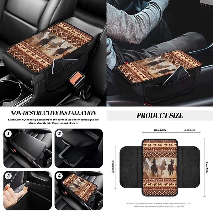 Aztec Horse Print Car Accessories Seat Covers Full Set of 14, Including Front and Rear Split Bench Seat Covers Steering Wheel Cover Center Console Pad Safety Belt Pads Cup Mats