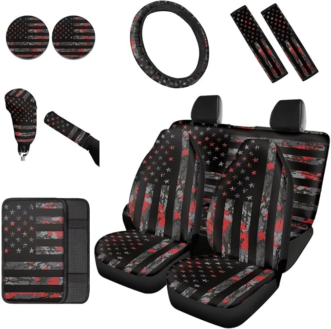 Dreaweet Hunting Camo Car Seat Covers Full Set for Men,Car Steering Wheel Cover,Seat Belt Pads,Armrest Cover,Cup Holder Coasters,Handbrake Cover with Gear Shift Knob Cover,12 Pcs Set
