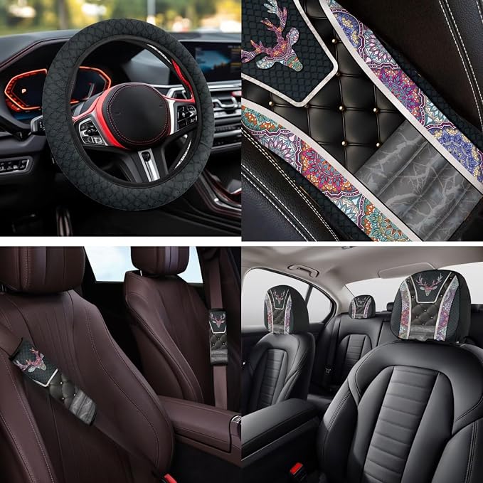 Bulopur Elk Auto Seat Covers Set with Matching 15 Inch Steering Wheel Cover Stretchy Armrest Cover Soft Seat Headrest Cover 14 Pieces Car Interior Accessories Set