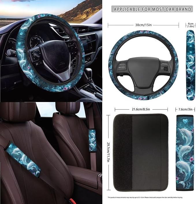 Flower Dolphin Car Seat Cover Full Set 15 PCS, with Steering Wheel Cover Seat Belt Pad Garbage Bag Air Vent Bag Rearview Mirror Cover Coaster Key Chain Universal Fit for SUV