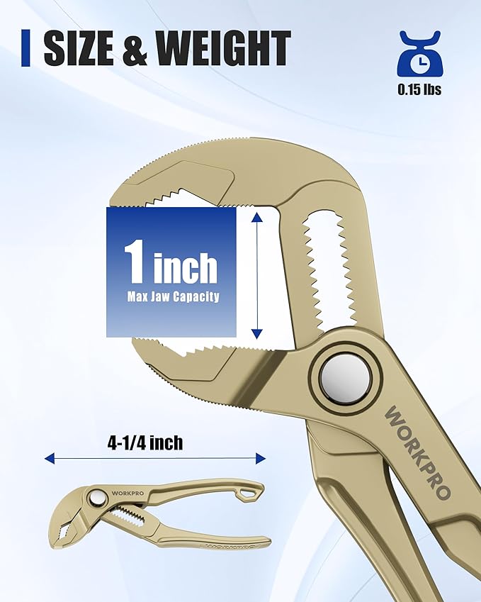 WORKPRO Mini Water Pump Pliers, 4-Inch Groove Joint Pliers, Fast Adjustable Tongue and Groove Plier with 15-Position Push-Lock, V-Jaw for Multi-Surface Grip, EDC Plier for Tight Spaces & Versatile Use