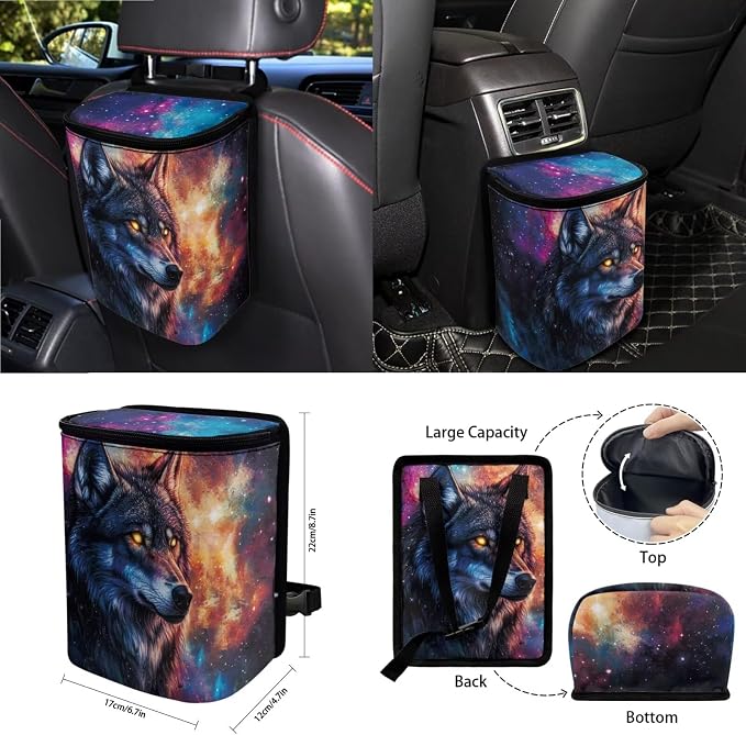 Wolf Galaxy Print 15PCS Car Seat Cover Front Back Seat Protector with Steering Wheel Cushion, Belt Pad, Trash Can Air Vent Bag Mirror Cover Universal Fit Most Cars