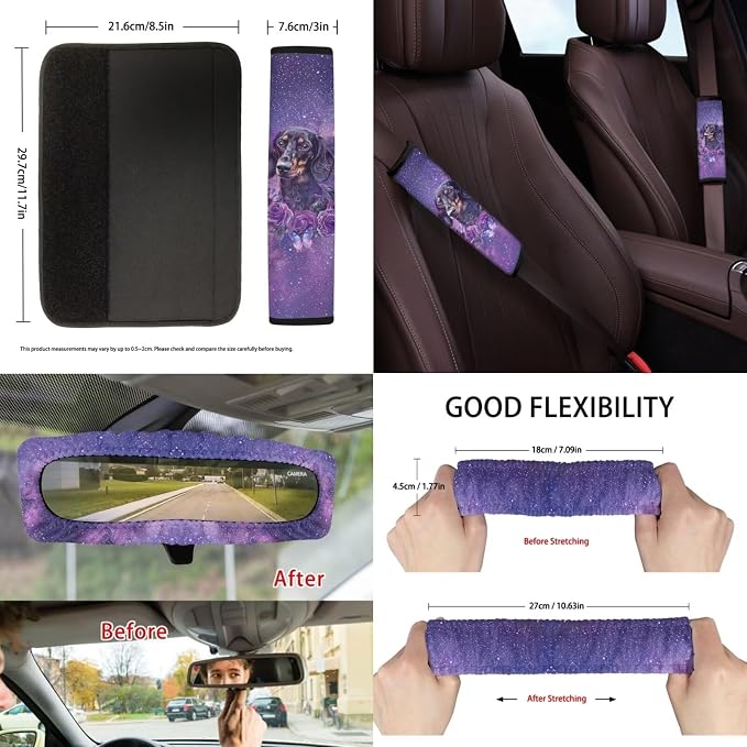 Suobstales Galaxy Dachshund Flower Print Car Accessories Set of 13 Auto Seat Protectors Cover with Seat Belt Cover,Trash Can,Steering Wheel Cover,Rearview Mirror Cover,Keychains and Cup Holders