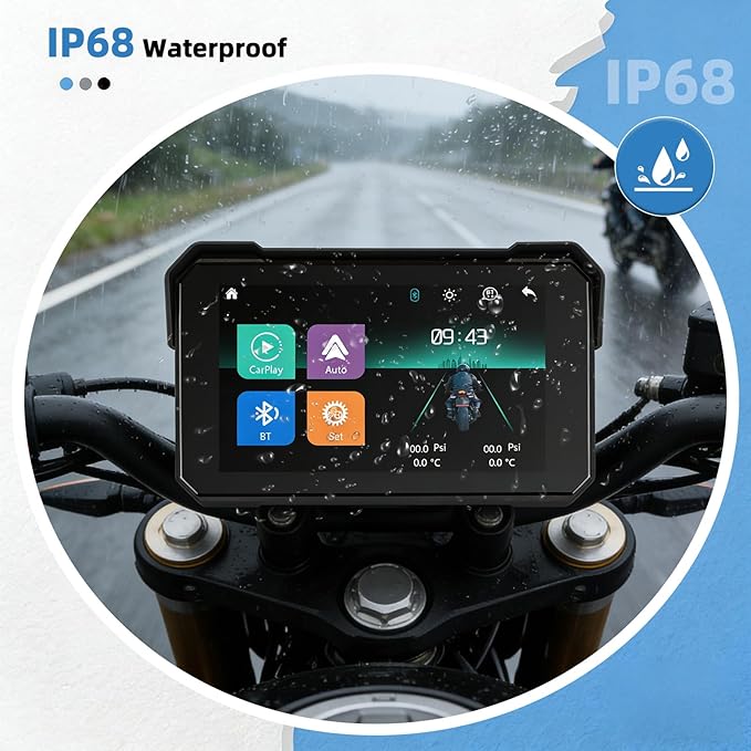 GPS CarPlay 5" IPS Motorcycle CarPlay Screen for Motorcycle with A-pple Wireless CarPlay & Android Auto, IP68 Waterproof, Supports Bluetooth,Navigation,S-IRI/G-oogle Assistant, Vioce Control, Bracket