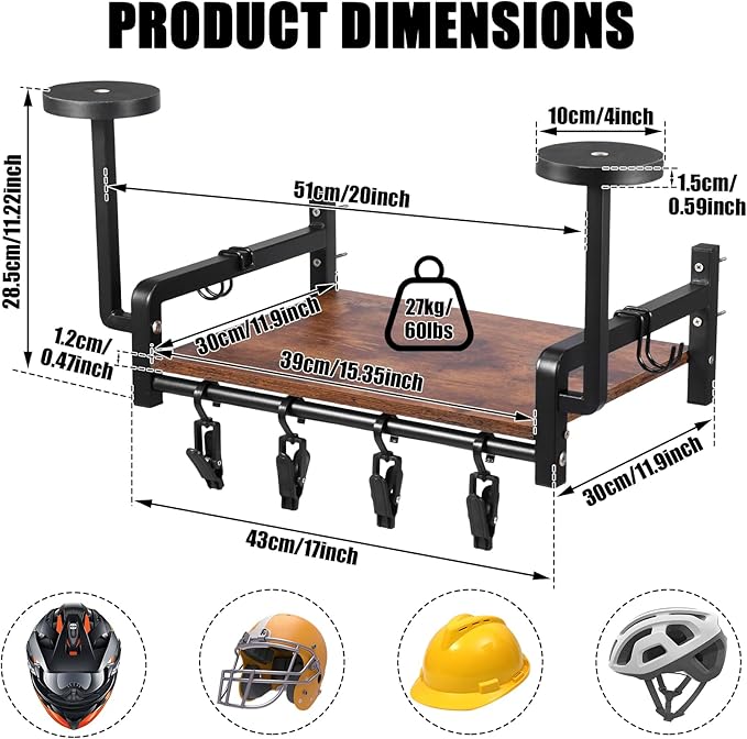 Helmet Wall Mount, Motorcycle Helmet Holder with Shelf, 2 Helmets Stand, 4 Glove Chips and 2 Hooks, Helmet Display Mount for Most of Helmet and Clothes