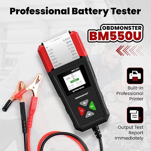 Car Battery Tester OBDMONSTER BM550U 6V/12V/24V 100-2000CCA Lead-Acid Battery Load Tester 1.8" HD Screen Automotive Digital Battery Voltage Tester with Built-in Printer