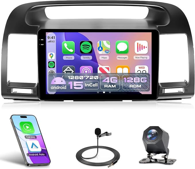 4G+128G Android 15 Car Radio for Toyota Camry 2000-2006, Rimoody Car Stereo Wireless Carplay Andorid auto Mirror Link 9'' INCELL Touchscreen GPS WiFi Bluetooth 5.0 FM/RDS EQ-32 SWC Backup Camera