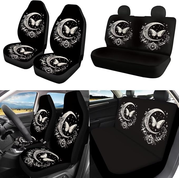 POLERO Black Floor Moon Butterfly Car Seat Covers with Steering Wheel Cover Seatbelt Pads Coasters Keychains Full Set of 11