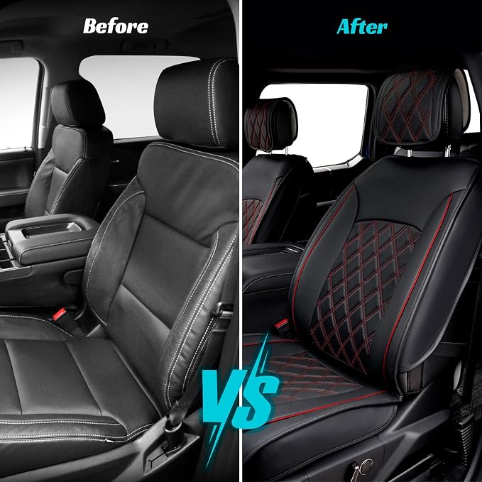 Seat Covers for Chevy Silverado & for GMC Sierra 2007-2024 2025 2026 | Precise Fit Black&Red Full Set