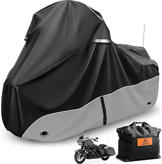 Motorcycle Cover, 107 Inch Touring Models Specific Vehicle Cover Storage Suitable for Road King, Road Glide, Street Glide, Electra Glide, Low Rider-ST and Most Motorcycles Grey