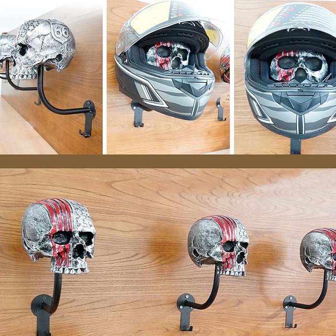 Motorcycle Helmet Rack Wall Mount,Red Skull Helmet Holder Wall Mount with 2 Hooks Helmet Hanger for Coats, Caps, Baseballs and Rugby Helmet,Motorcycle Accessories