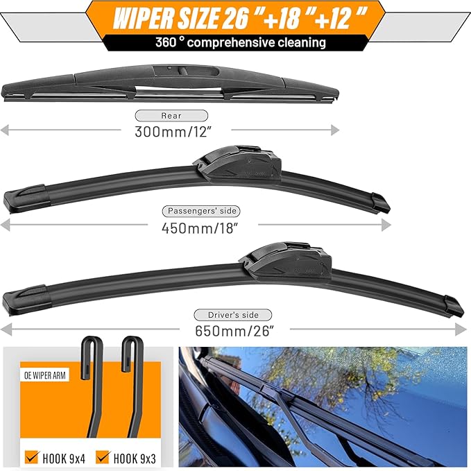 AUTOBOO 26"+18" Windshield Wipers with 12" Rear Wiper Blade Replacement for Nissan Murano Infiniti QX50 Acura RDX 2017 2018 2019 2020 2021 2022 2023-Original Factory Quality (Pack of 3)