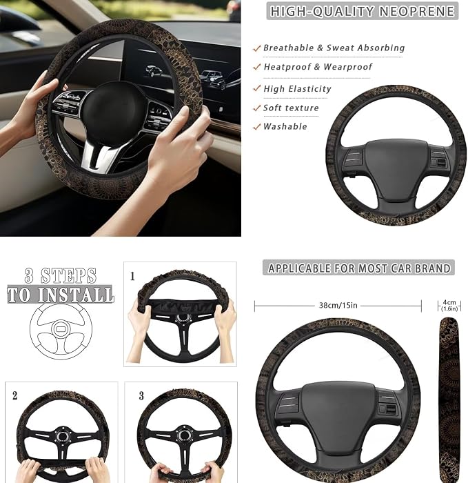 8 Pcs Aztec Elephant Car Seat Covers Full Set Car Accessories for Women Front Seat Cover Steering Wheel Armrest Cover Seat Belt Cover for Auto SUV Interior Decoration