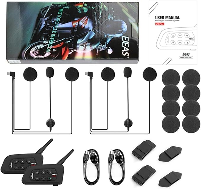 EJEAS V4 Plus Helmet Communication System, Motorcycle Bluetooth V5.1 Headset 1500m Helmet Intercom with Noise Reduction/3D Sound/FM Radio/Hands-Free, Ideal for 2 to 4 Riders Group Talking (2PCS)