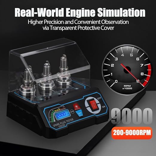 3-Hole Spark Plug Tester, Automotive Engine Ignition Coil Tester with LCD Display, Adjustable 200-9000RPM, Adjustable Socket Spark Plug Gap Tool for 12V Gasoline Vehicles