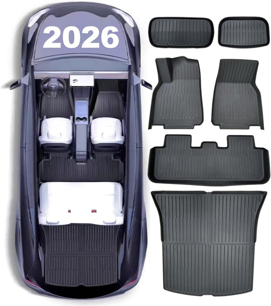 Full Set Floor Mats for New Tesla Model Y 2025 2026 Juniper(Rear with Screen) All Weather Floor Mats(5-seat), Tesla Y Frunk Trunk Mat Rear Cargo Liner,Tesla Model Y Accessories 2026(6 PCS)