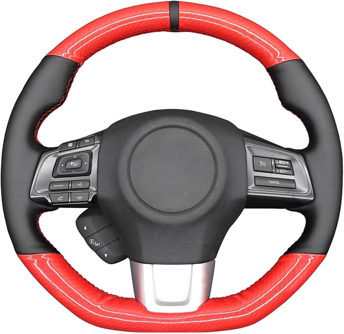 MEWANT Hand-Sewing DIY Red Glossy Carbon Fiber + Black Genuine Leather Car Steering Wheel Cover for Subaru WRX (STI) 2015-2019 / Levorg 2015-2019/ WRX Steering Wheel Cover Accessories