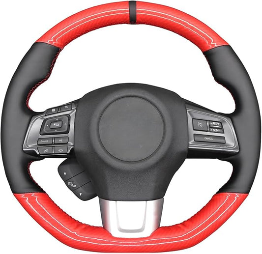 MEWANT Hand-Sewing DIY Red Glossy Carbon Fiber + Black Genuine Leather Car Steering Wheel Cover for Subaru WRX (STI) 2015-2019 / Levorg 2015-2019/ WRX Steering Wheel Cover Accessories