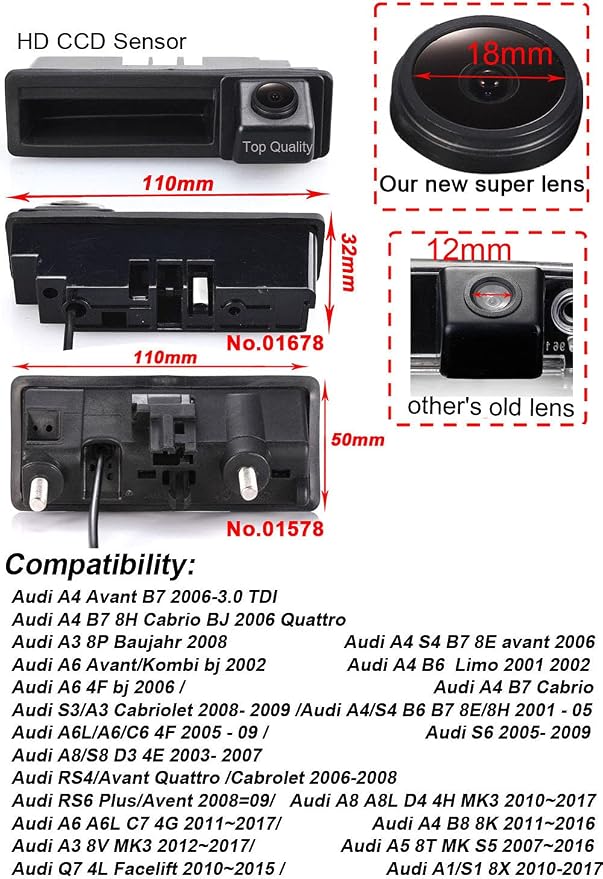 1280 * 720 Pixels 1000 TV Lines Night Vision Rear View Reversing Camera Car Backup Camera Replacement for Audi A6L Q7 A3 A4 A6 A8 A5 S4 S6 S3 RS4 RS6 Waterproof