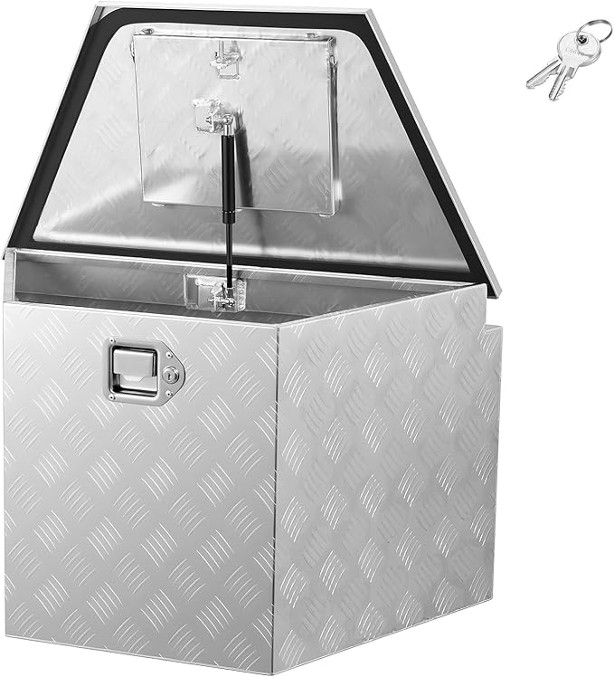 VEVOR Trailer Tongue Box, Heavy Duty Trailer Tongue Tool Box Storage Organizer with Lock & Keys, Utility Tool Chest for Pickup Truck Bed, RV, SUV, Off-Road Vehicle, Aluminum, 29" x 16.1" x 18", Silver