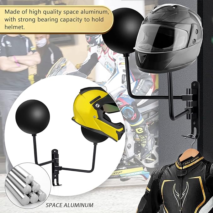 Kikerike Motorcycle Helmet Rack Wall Mount 180 Degree Rotation Metal Bike Helmet Holder Mount Bicycle Helmet Display Hanger Stand with 2 Hooks for Motorcycle Bike Baseball Rugby Helmet - Black, 1 Pcs