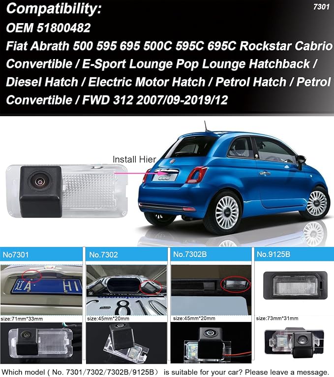 HD Auto 170° License Plate Light Rear View Reversing Backup Camera Parking System Compatible with Fiat Abrath 500 500X 595 695 500C 595C 695C/FWD 312/Jeep Grand Cherokee/Maserati Levante/Dodge Viper