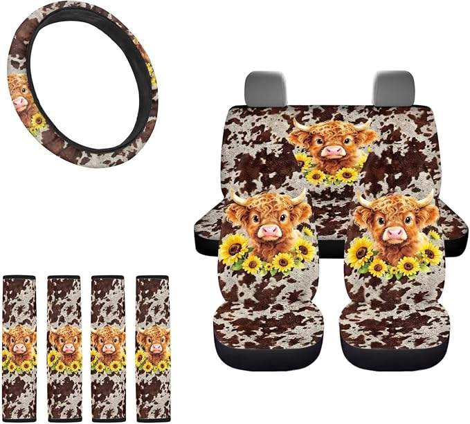 Sunflower Printed Car Seat Cover Full Set with Steering Whell Cover Seatbelt Cover Highland Cow Print Auto Seat Protector Universal Auto Interior Accessories, Brown