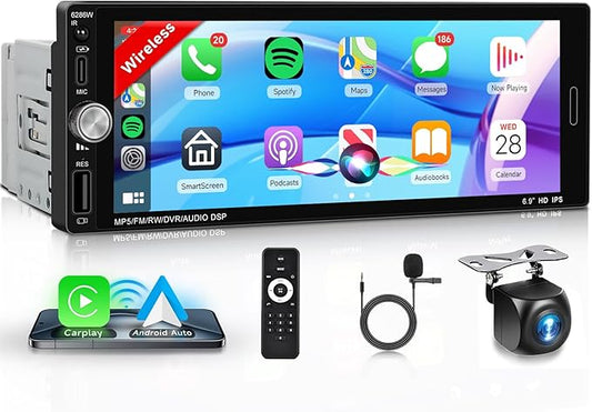 6.9'' Single Din Car Stereo with Wireless CarPlay Android Auto, 1280 * 480 HD Touchscreen Radio Bluetooth 5.2, Mirror Link, FM, SWC, Type C/USB Charging + Backup Camera+ Mic
