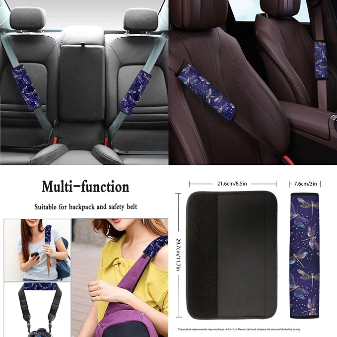 Dragonfly Steering Wheel and Car Seat Set with Coasters+Seatbelt Pads+Gear Lever Cover+Hand Brake Cover 11 Pack Universal Fit Most Vehicles Auto Accessories for Women