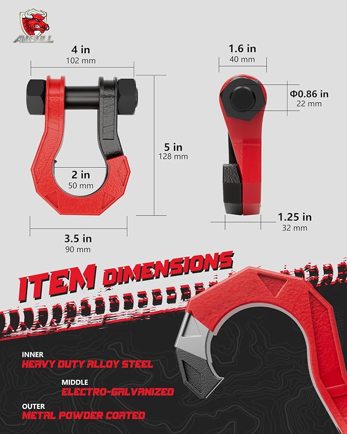 3/4" Easy Open D Ring Separate Shackles (17,600 lbs WLL) with 3/8" G80 S Shaped Tow Hook (11,200 lbs WLL) Off-Road Recovery Kit, Heavy Duty Winch Towing Combo, Black Red