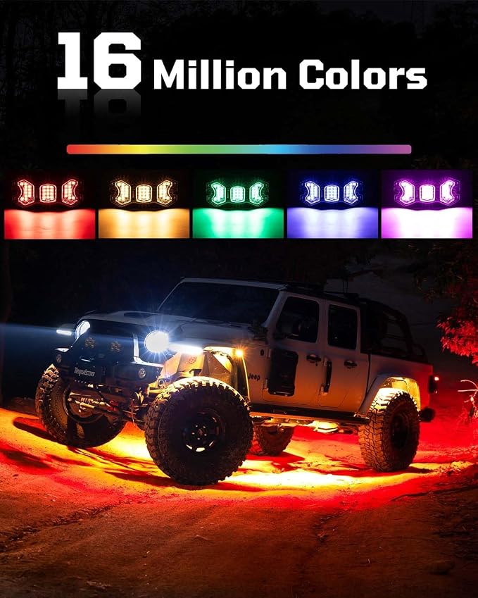 RGB Rock Lights for Trucks Jeep, 12 Pods with APP & RF Control, Pure White & 16M Colors, 20+ Dynamic Modes, Music & Voice Sync, IP67 Waterproof, Includes 6x6.7ft Extension Wires