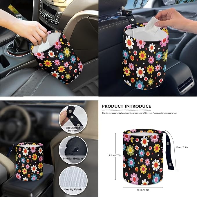 Colorful Floral Car Seat Covers Full Set for Women Cute Car Accessories Interior Car Steering Wheel Cover Seatbelt Covers Trash Bin Rear View Mirror Cover Cup Holders Keychain