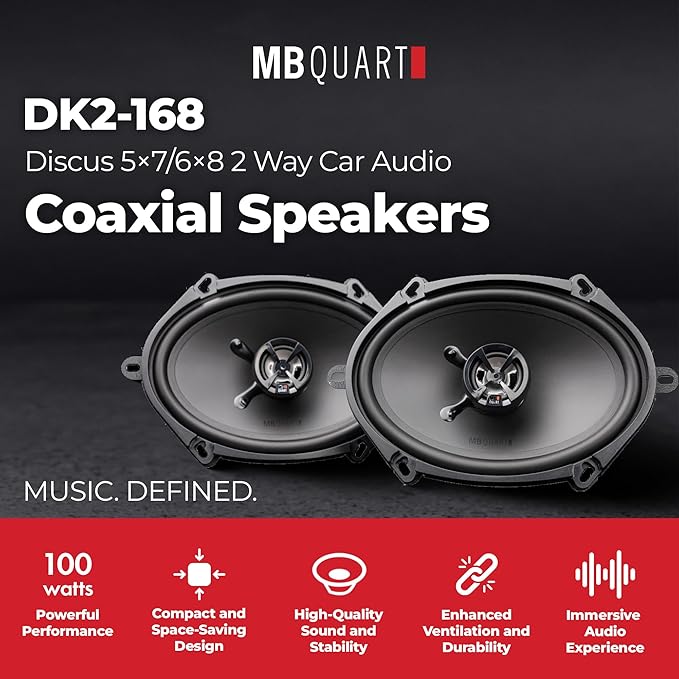 MB Quart Discus 5x7 & 6x8" 2 Way Car Audio Coaxial Speakers with Polypropylene Cones & Butyl Rubber Surrounds for Enhanced Quality, 100W, 88 dB, Pair