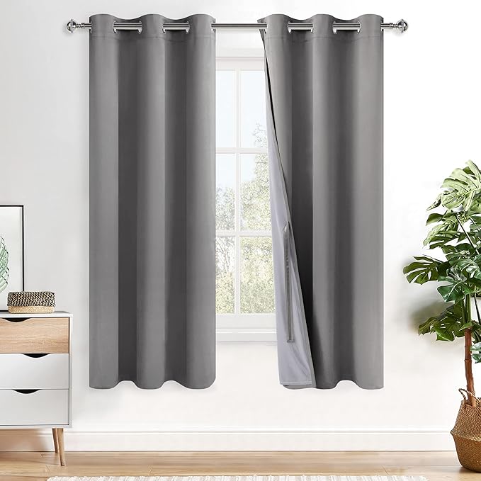 XWZO 100% Blackout Curtain Panels - Thermal Insulated Black Liner Curtains, Noise Reducing and Heat Blocking Drapes for Hall and Studio Windows with Tiebacks, Grey, W42 x L63, Set of 2