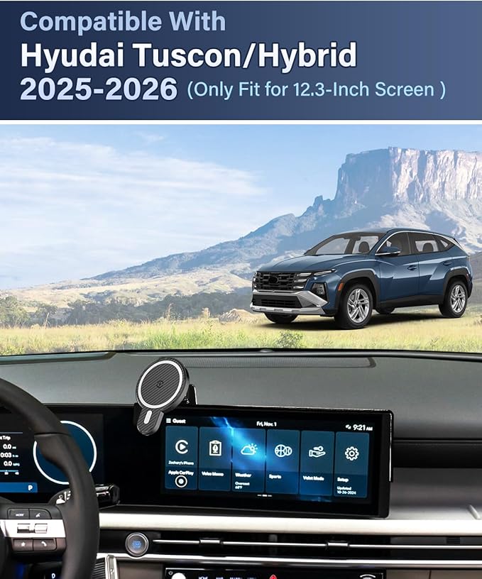 PZK Car Phone Holder for Hyundai Tucson/Tucson Hybrid 2025 2026 Accessories 12.3-Inch Screen Fixed Clip, Strong Magnetic 15W Fast Wireless Charging Car Phone Mount, 360° Rotation Automobile Cradles