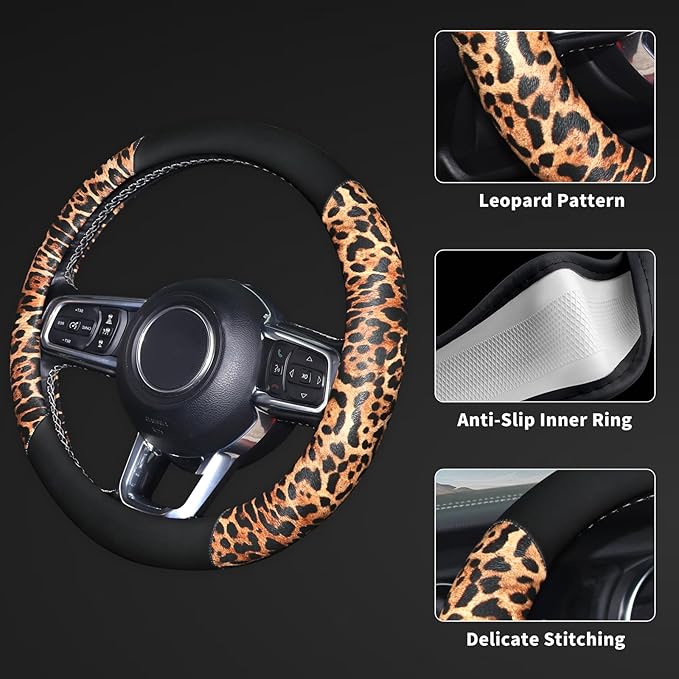 Cheetah Leather Steering Wheel Cover, Steering Wheel Protector, Anti-Slip, Breathable, Absorbing Sweat, Universal Leopard Car Accessories 14.5–15 inch,Black&Brown