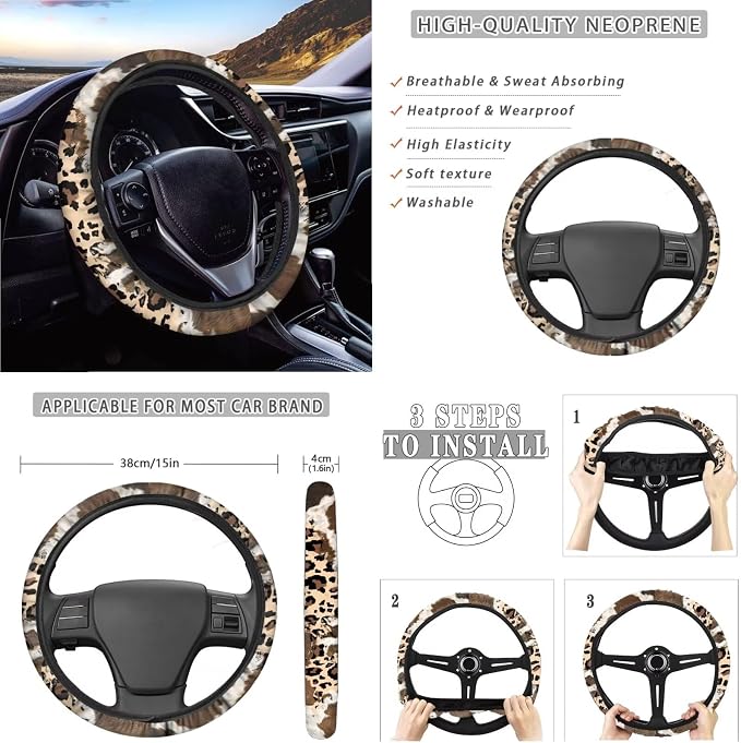 Suobstales Butterfly Sunflower Cow Leopard Print Car Accessories Car Seat Covers Full Set with Steering Wheel Cover + Seat Belt Covers Shoulder Pads + Coasters + Keychains Interior Cover Set of 11