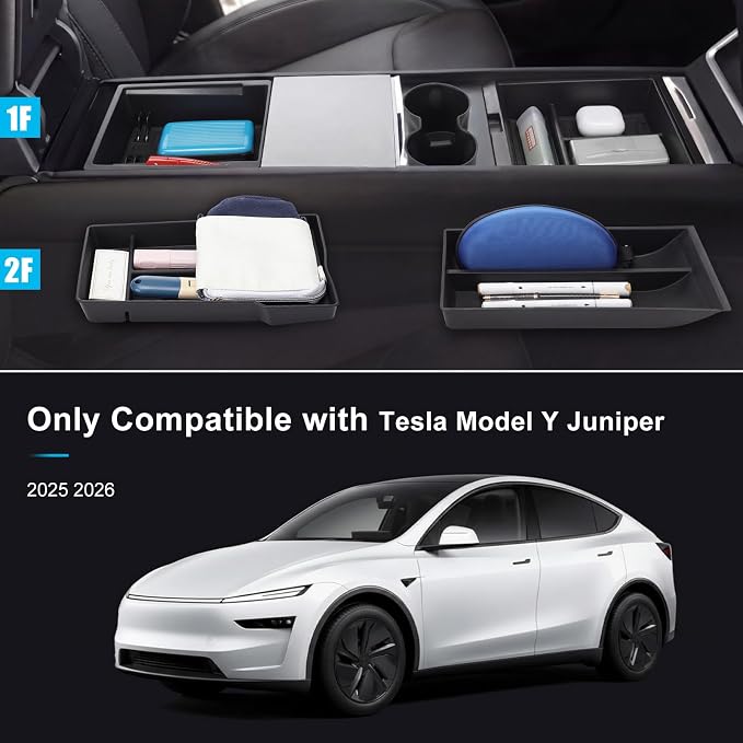 BBTO 8 Pcs Center Console Organizer Compatible with Tesla Model Y Juniper 2025 2026 Accessories Double Layer Center Console Tray Hidden Storage Box Charging Pad Cupholder Interior Storage Accessories