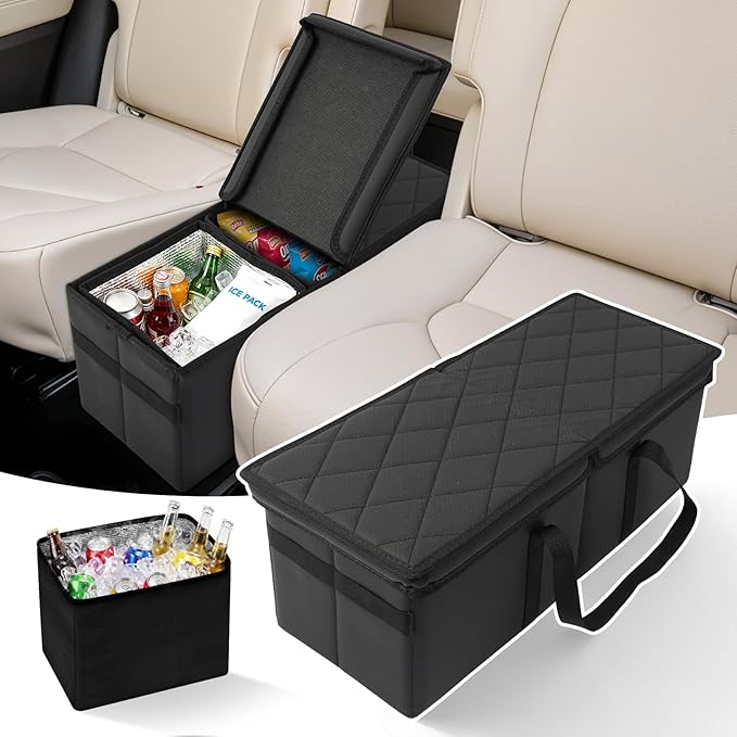 Car Seat Organizer for Subaru Ascent 2019-2026 w/Built-In Cooler Bag, Car Second Console Organizer w/Non-Slip Strips, Foldable Car Backseat Organize for Dog Toys Kids Snacks Travel Storage Box