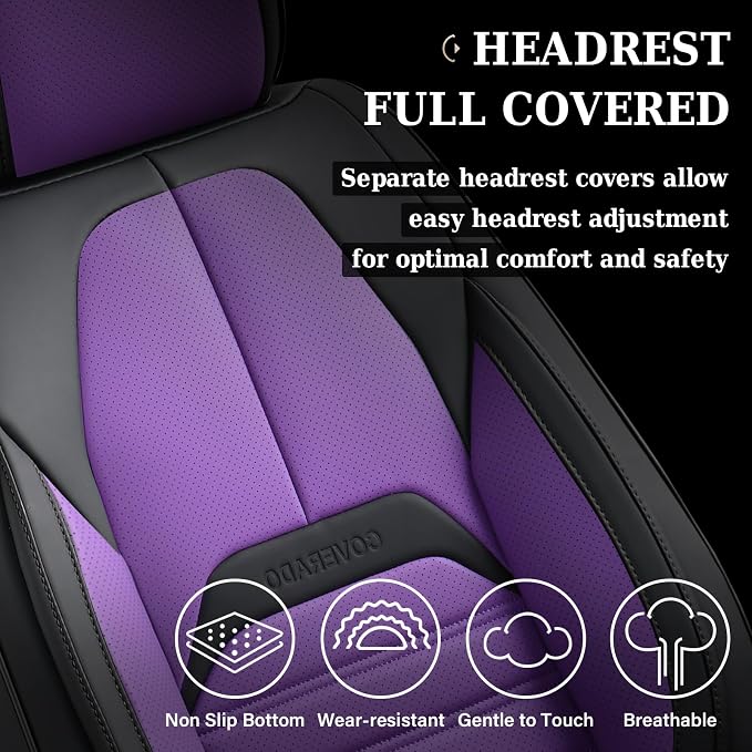 Coverado Waterproof Nappa Leather Car Seat Covers, Automotive Seat Covers，Front Car Seat Cushion & Car Seat Protector, Seat Covers Universal Fit for Most Cars, SUVs,Trucks,Black&Purpe