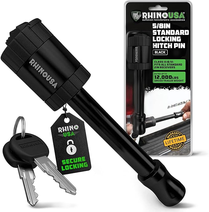 Rhino USA 2” Trailer Hitch Pin – Patented 5/8" Locking Receiver Pin for Class III/IV Hitches – Weatherproof, Anti-Theft, Debris-Protected – Tow Truck Ready – Black 1PK