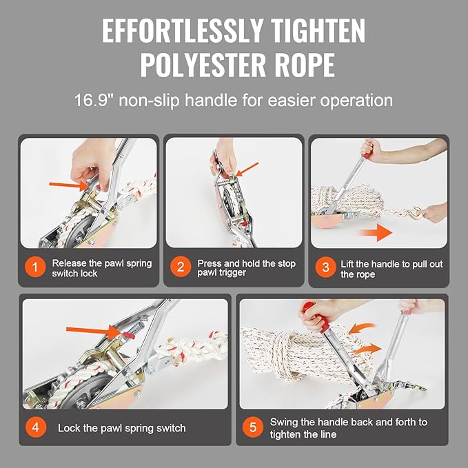 VEVOR Rope Puller, 3/4 Ton (1,653 lbs) Pulling Capacity, with 100' of 0.6" dia. Rope, 2 Hook, Come Along Winch, Heavy Duty Ratchet Power Puller Tool for Moving Boats, Securing Items, Transporting Logs