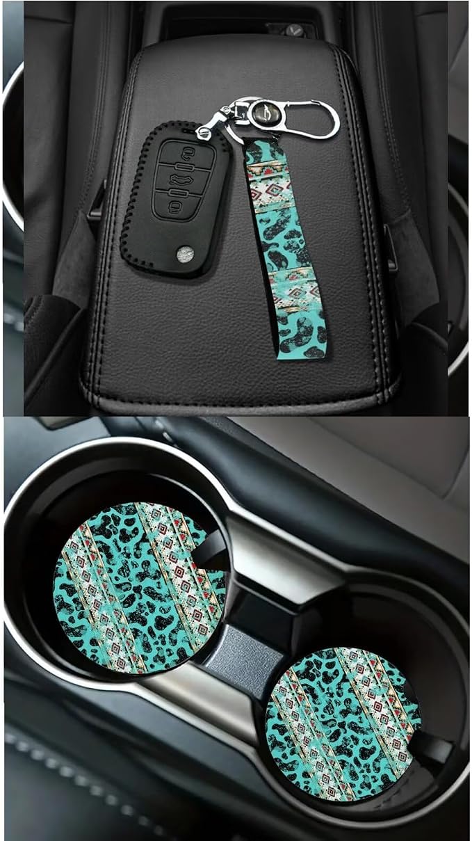 Dreaweet Aztec Cow Print Seat Covers for Cars Full Set Turquoise Front and Back Seat Covers with Steering Wheel Cover Seat Belt Pads Coasters Trash Bag Air Vent Pouch Rear View Mirror Cover Keychain