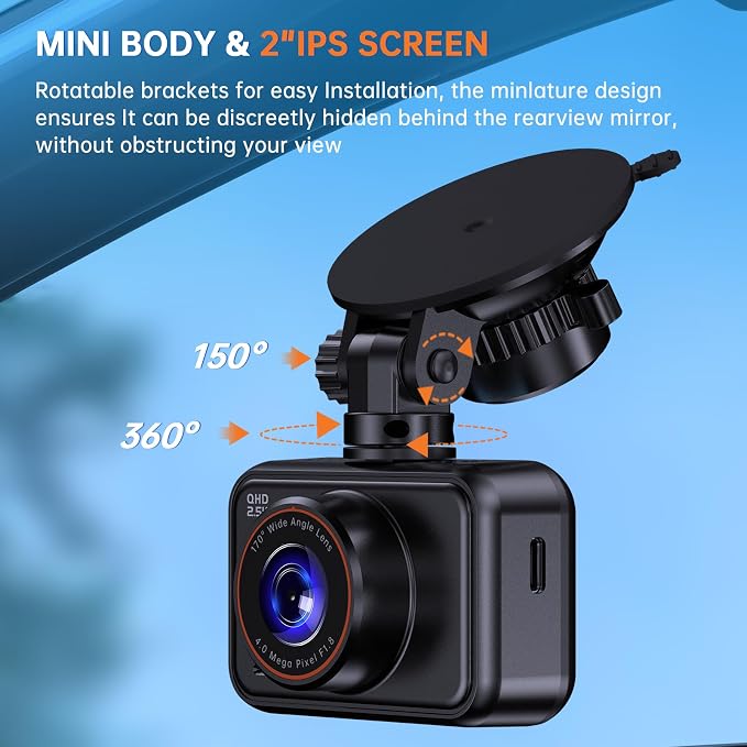 E-YEEGER Dash Cam Front and Rear, 2.5K Dual Dash Camera for Cars, 2560P Mini Car Camera, 2 inch IPS Screen, WDR Night Vision, 24 Hours Parking Monitor, G-Sensor (32G SD Card Included)