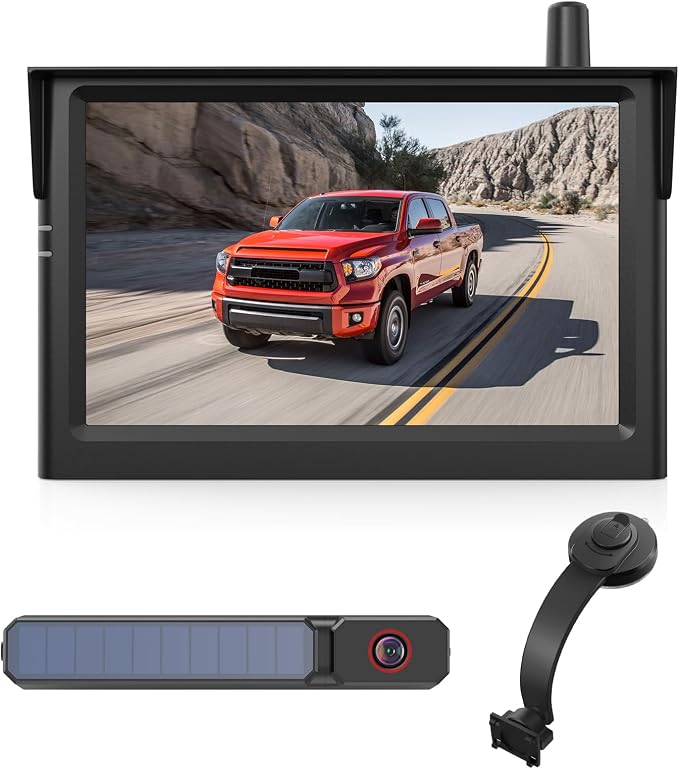 AUTO·VOX 5" Solar Wireless Backup Camera with Suction Cup Mount, 1080P HD Monitor, Adjustable Windshield Mount, 3 Minute Install, IP69K Waterproof for Car Truck SUV Trailer
